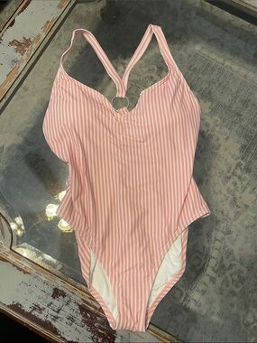 Michael Kors Pink & White Striped Ring-Back One-Piece Swimsuit